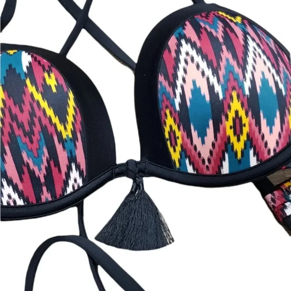 Shade & Shore Colorful Boho Ikat Tassel Bikini Top 36B - Picture 2 of 3